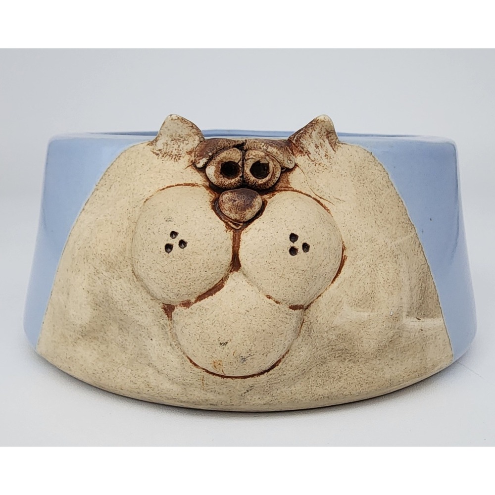 Ceramic Cat Face Pet Bowl Small Blue Tan Whimsical 3D Relief Studio Pottery